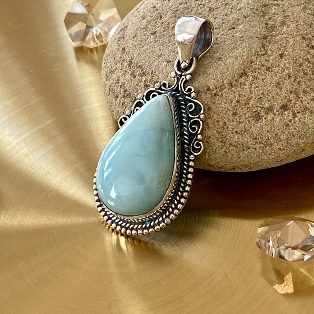 Large Teardrop Natural Larimar Hand Crafted Pendant - Picture 2 of 5